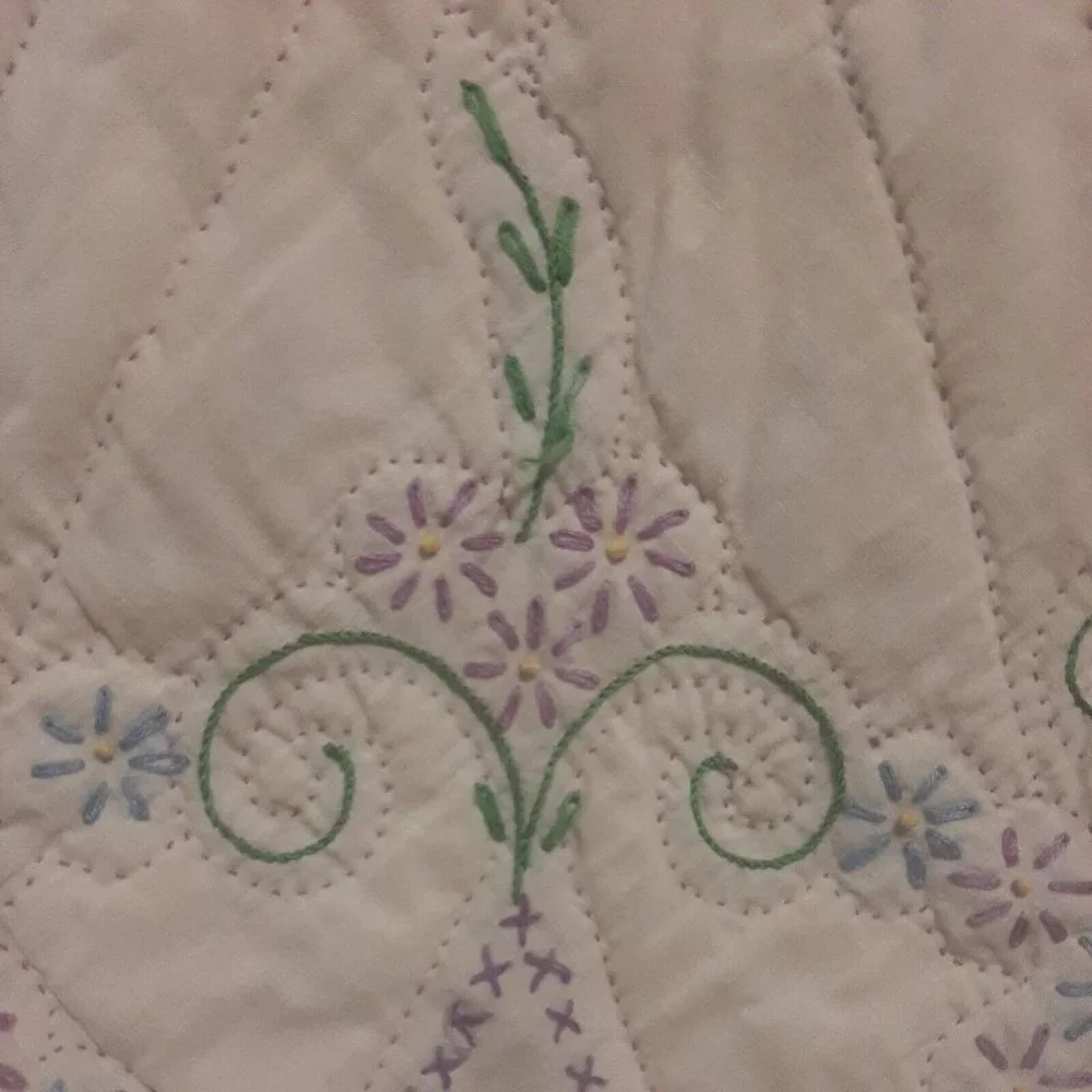 Vintage Purple Quilt Hand Embroidered and Hand Quilted Queen 79 x 102 Queen